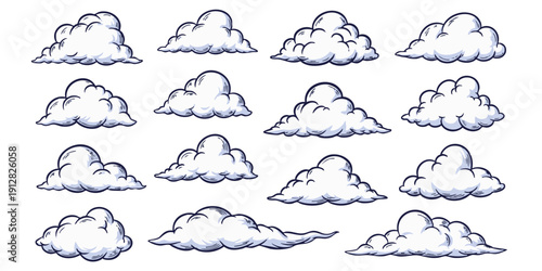 Collection of assorted white clouds illustration in various shapes and forms on a clean white background viewed from directly above