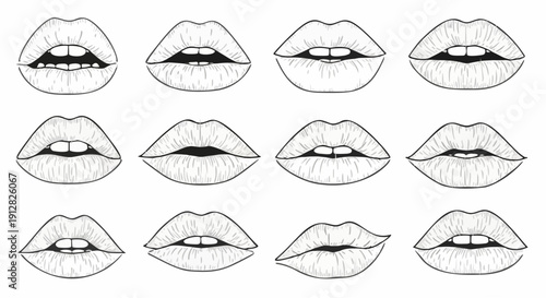 Detailed line art collection of woman lips with different shapes and expressions.