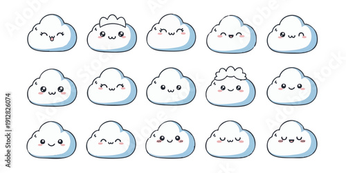 Collection of Cartoon Clouds with Various Emotional Expressions in a Grid Layout