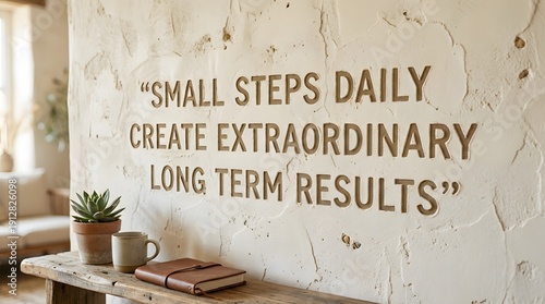 Bright and uplifting image featuring a handwritten motivational quote on a rustic textured plaster wall with a potted plant and coffee cup, ideal for success and productivity content.