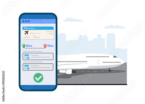 Mobile Flight Booking App Interface with Airplane Stock Illustration.