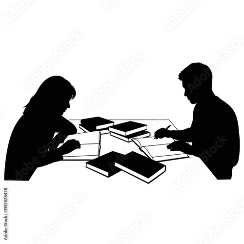 Silhouettes of two people studying with books at a table