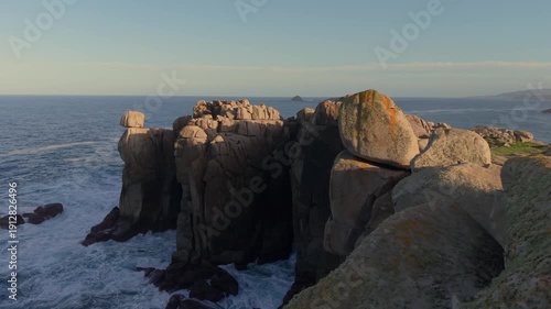 Sea Cliffs Of Cantis de Papel On A Sunny Day In Moras, Lugo, Spain. Aerial Pullback Shot