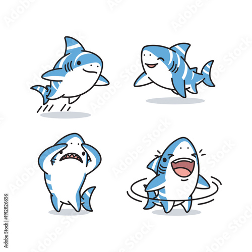 Cartoon sharks expressing different emotions with exaggerated facial features