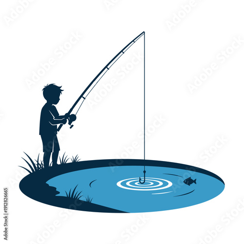 Silhouette of a boy fishing by a pond with ripples and a fish