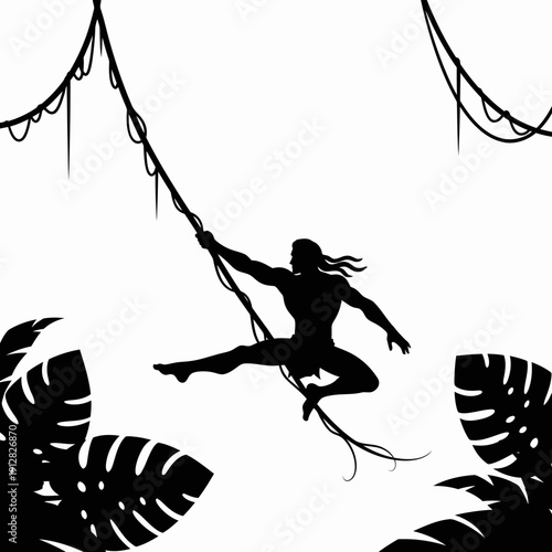 A silhouette of a figure swinging on a rope through jungle foliage
