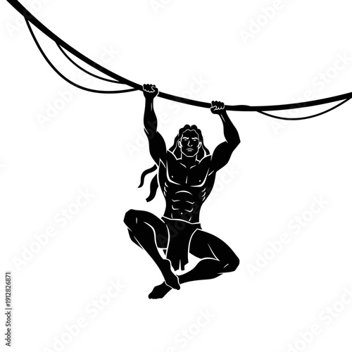 Muscular man hanging from ropes in a black and white illustration