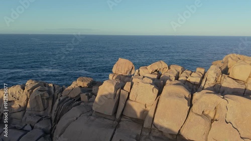 Massive Blocks Of Stone At Cantís de Papel Near Xove In Lugo, Galicia, Spain. Aerial Sideways Shot
