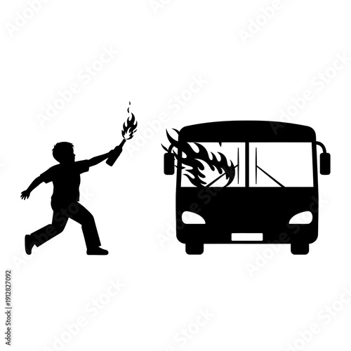 Silhouette of a person throwing a flaming object at a bus