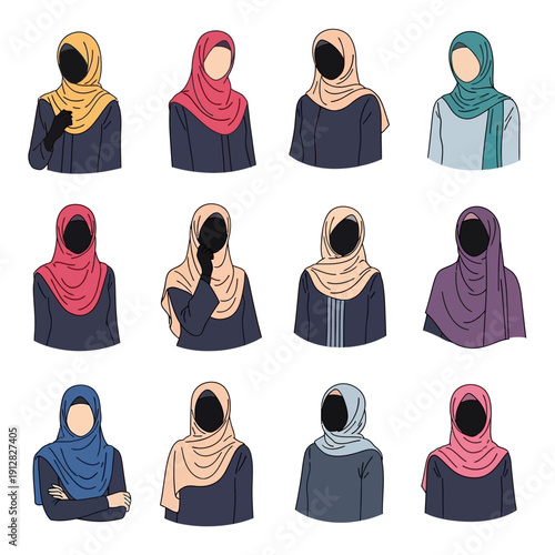 Collection of diverse female silhouettes wearing various colorful hijabs