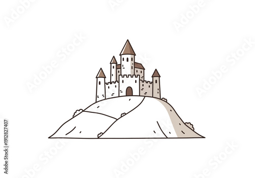 Sandcastle with towers on hill.