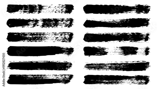 Long grunge brush strokes, lines, ink smudges, hand-drawn scribble shapes. Handmade sketchy marks, stains, charcoal streaks. Paint textures, dry brush effect. Marker underline. Vector illustration