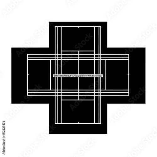 Abstract black and white geometric design featuring intersecting rectangles and lines