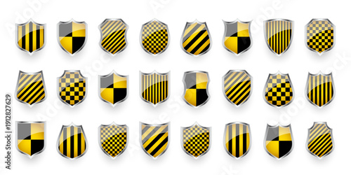 Glossy shields with yellow and black pattern. Security and protection concept. Cyber safety icons, internet privacy, web defense, digital data protection and antivirus themes. Vector illustration