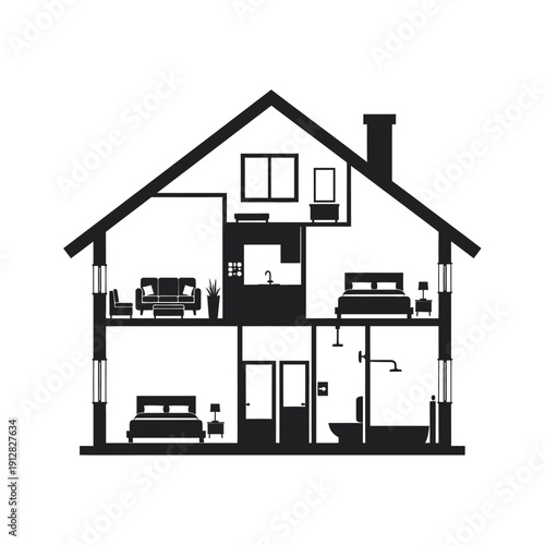 Black and white illustration of a house s interior cross section