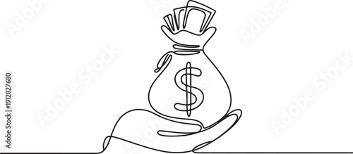 Dollar money bag in continuous one line drawing. Hand holding a sack with cash in simple linear style One Line Drawing Vector.