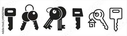 Key Icon Set Vector – Vintage Key, House Key, Security and Password Symbols,Key Icons Set – Old Antique Key, Password, Lock and Access Symbols.
