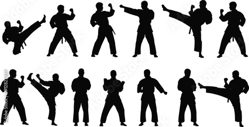 Black Karate Silhouette Vector Collection with Martial Arts Poses Kicking and Punching Isolated on White Background for Sport Fitness Training Design
