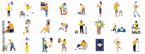 Vector illustration set depicting various activities, people, and roles involved in organizing, hosting, and celebrating successful parties and special events.