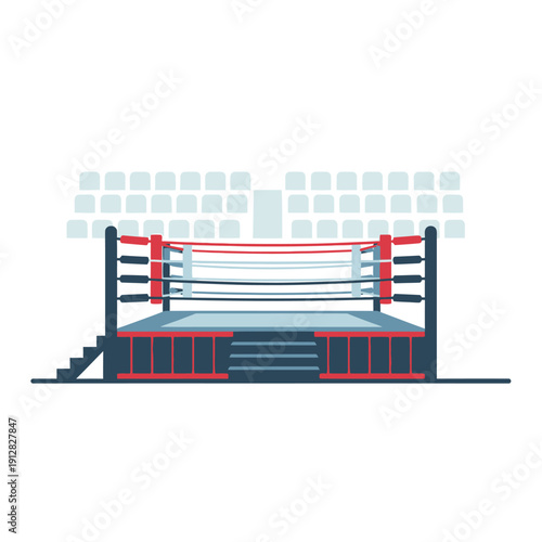 Illustration of an empty boxing ring with stadium seating in the background