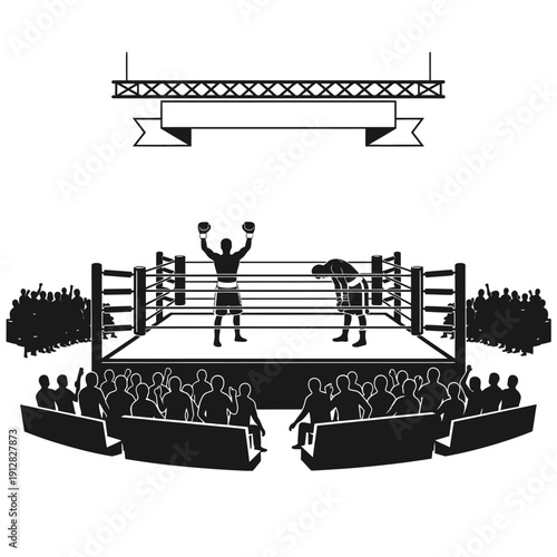 A black and white illustration of a boxing match with an audience