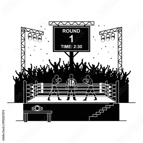 Black and white illustration of a boxing ring with a crowd and scoreboard