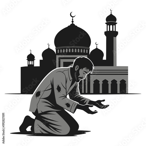 A muslim man praying before a detailed mosque illustration in grayscale