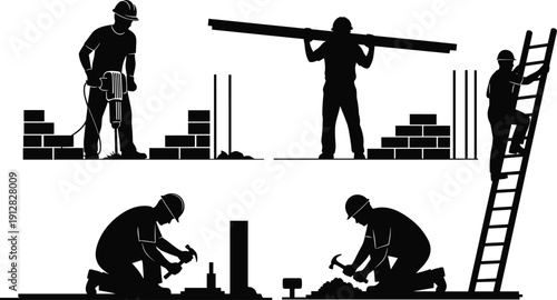 Construction worker silhouette, jackhammer operator, beam carrier, ladder climber, hammering laborer, building site activity, industrial workforce illustration, 