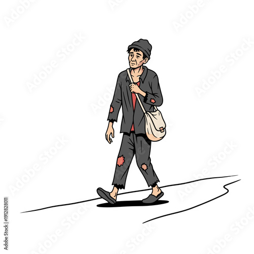 Illustration of a weary older man walking with a bag over his shoulder