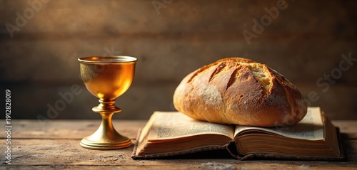Golden chalice sits beside loaf of bread on open old book. Rustic table setting conveys religious symbolism and communion elements. Holy sacrament symbols invite reflection.