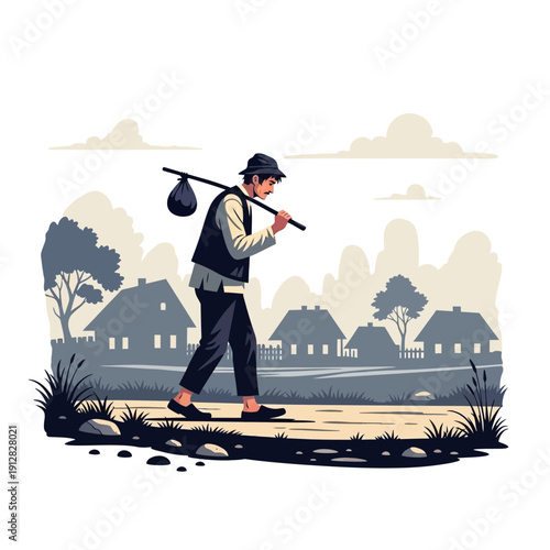 A lone traveler walks along a rural path with houses in the background