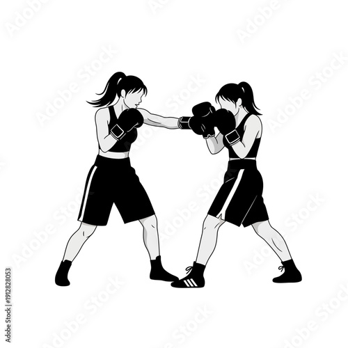 Two female boxers engaged in a sparring match depicted in a minimalist style