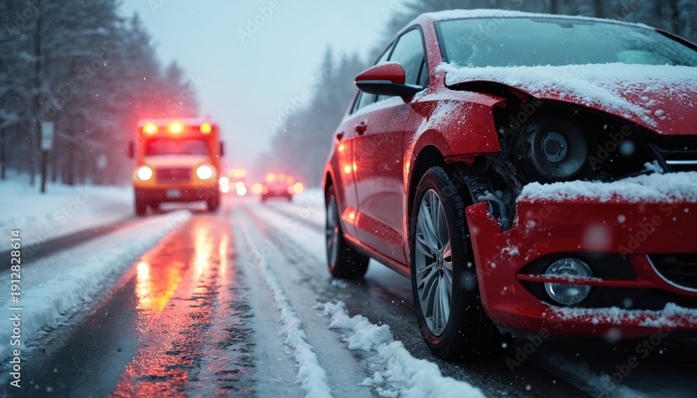 Naklejka premium Red car wrecked on icy road during snowstorm. Emergency ambulance arrives at winter car crash scene. Vehicles stopped on hazardous, slippery street with snow. Danger, caution, accident.