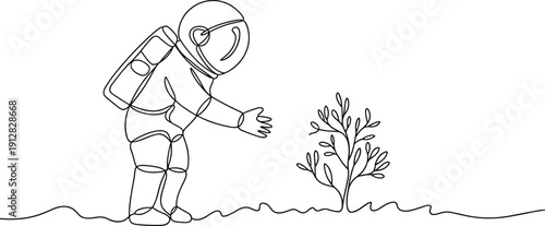 Astronaut discovering plant on alien planet, space exploration concept, black and white line art illustration, science fiction scene
