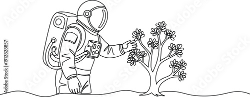 Astronaut exploring alien plant line art vector illustration, space exploration outline drawing, futuristic science and discovery concept design