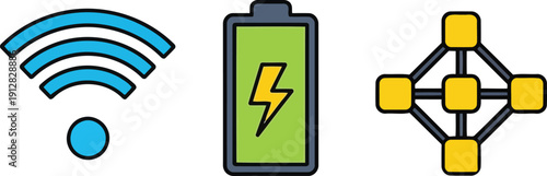 Wifi symbol battery icon network nodes on white background