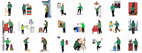 Illustrated scenarios of people engaging in culture, leisure, and entertainment activities, including cinema, museums, and public interactions.