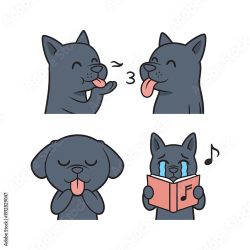 Cartoon dog singing and reading a songbook with musical notes