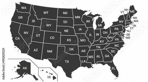 United States Map Vector – Stylized Black Silhouette of All 50 States with Abbreviations for Geography, Education, and Graphic Design Projects