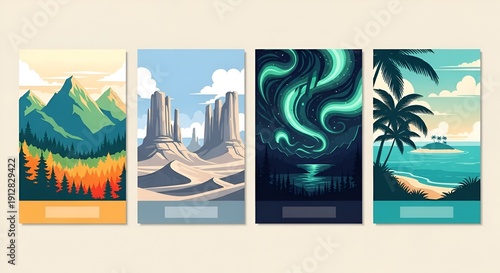Wallpaper Mural Scenic landscape illustrations set: mountains, desert, aurora borealis, beach Torontodigital.ca