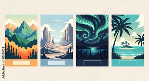 Wallpaper Mural stylized landscape illustrations, mountain, desert, aurora, beach scenes Torontodigital.ca
