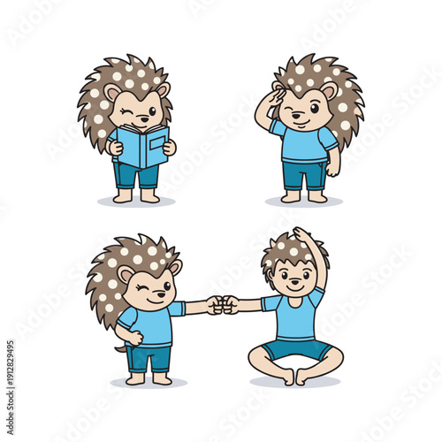 Cartoon hedgehog characters exercising and stretching together in various yoga poses