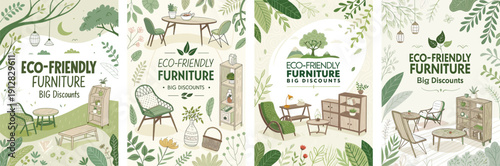 Eco-friendly furniture promotions with serene designs and natural elements.