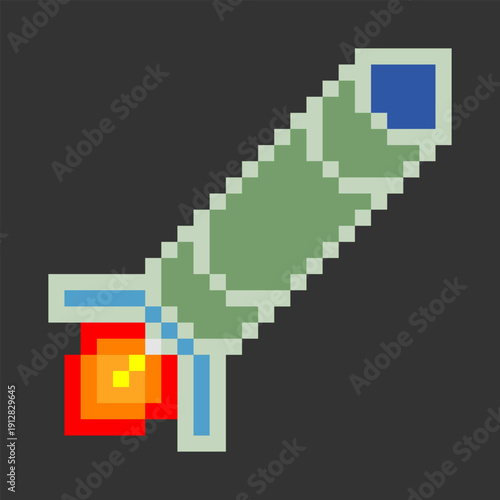 Rocket with 8 bit retro pixel art on black background.