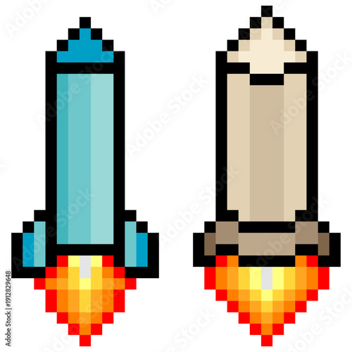 Rocket with 8 bit retro pixel art on white background.