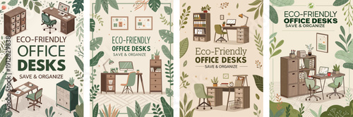 Eco-friendly office desks adorned with greenery, promoting organization and sustainability.