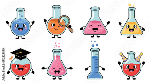 Cute Cartoon Chemistry Lab Flasks with Faces Vector Illustration