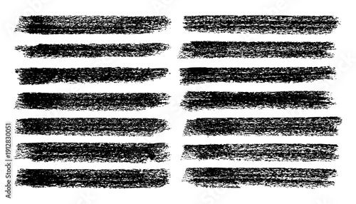 Long grunge brush strokes, lines, ink smudges, hand-drawn scribble shapes. Handmade sketchy marks, stains, charcoal streaks. Paint textures, dry brush effect. Marker underline. Vector illustration