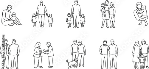 Family and relationship line art illustration set, parents children couples daily life poses outline drawings isolated white background vector