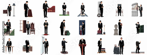 Set of illustrations depicting a man in formal black attire engaging in funeral services, burial rituals, and grieving moments, isolated on white.